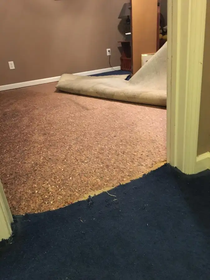 Carpet pad removal revealing water damage during Water Mitigation Services in Little Chute